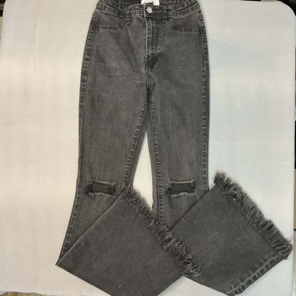 Swank A Posh High-Rise Frayed Hem Distressed Flare Jeans